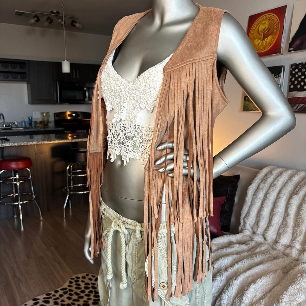 DOKOTOO brown fringe faux suede vest western boho festival